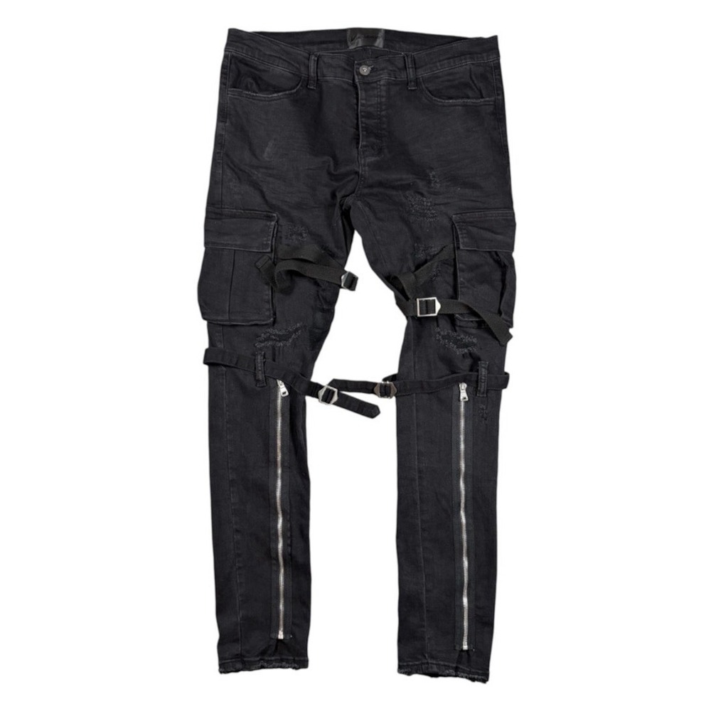 Valabasas Stacked Jeans Mens 36x31 Black Distressed Cargo Strap Zipper Biker